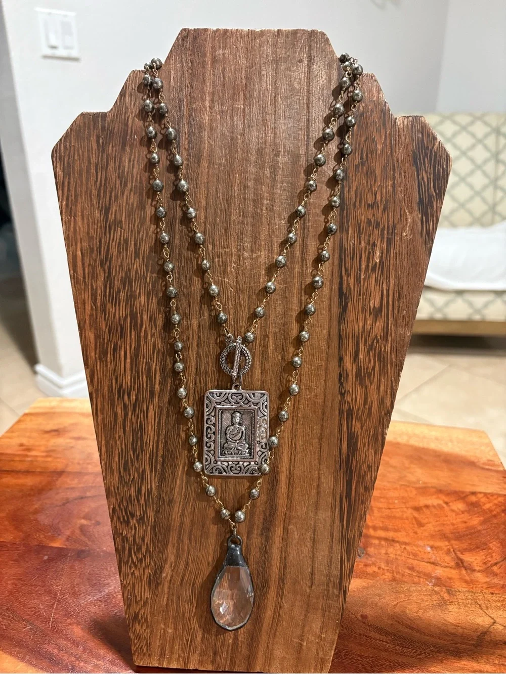 Layered Brown Bead Pendant Necklace with Clear Teardrop & Budha pendant set - Picture 3 of 6